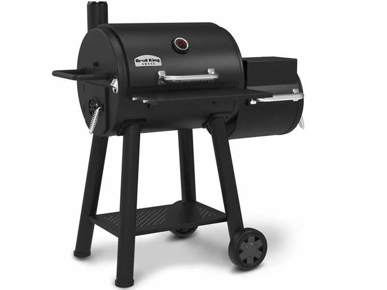 Side-angle product shot of the Broil King Regal Charcoal Offset 400 smoker grill with the firebox attached on the right side.