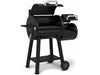 Angled view of the Broil King Regal Charcoal Offset 400 smoker grill with both lids open, revealing the cooking chambers and warming rack.