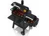 Broil King Regal Charcoal Offset 400 smoker grill shown open from above with food cooking in both the main chamber and side firebox.
