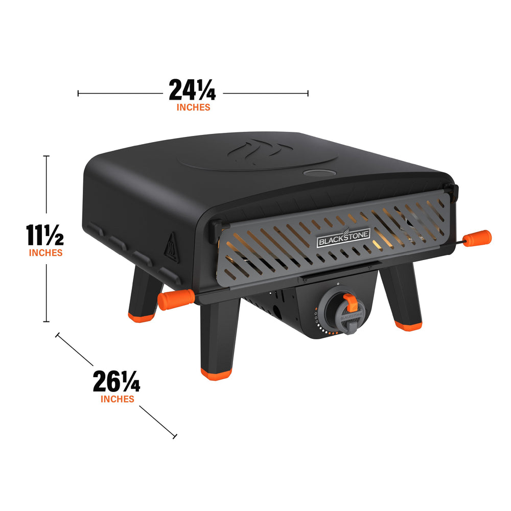 Leggero Pro gas pizza oven size diagram with measurements 26.25” wide by 24.25” deep and 11.5” tall