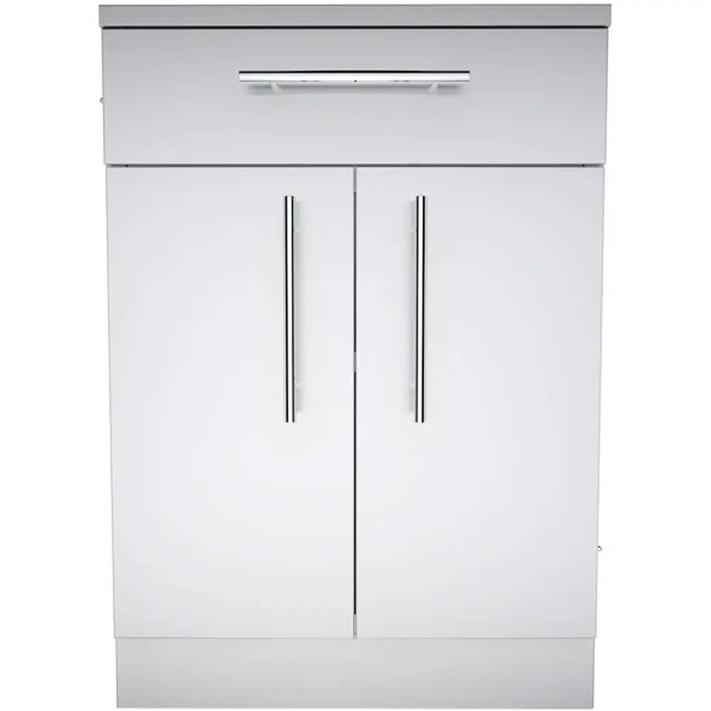 Front-facing view of the Sunstone SBC24CDD 24-inch double door cabinet showing the clean stainless steel finish and symmetrical vertical bar handles.