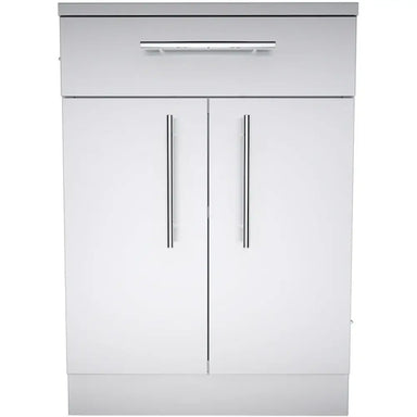 Front-facing view of the Sunstone SBC24CDD 24-inch double door cabinet showing the clean stainless steel finish and symmetrical vertical bar handles.
