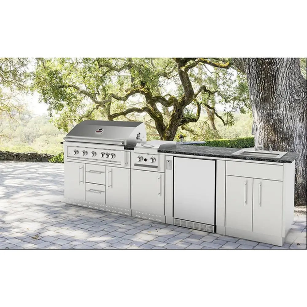 Complete Sunstone outdoor kitchen island featuring the SBC36CDD base cabinet under a stone countertop.