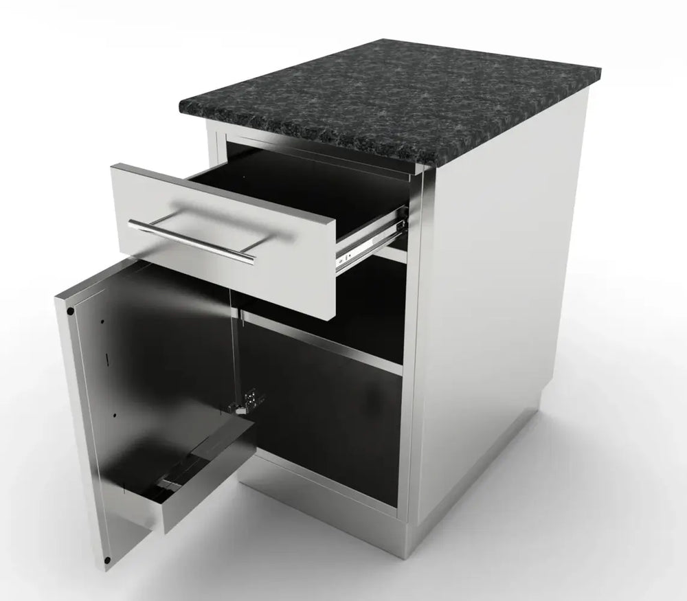 Sunstone 18-inch outdoor cabinet with a granite countertop installed, showing the top drawer and left-swing door fully open to reveal interior storage space.
