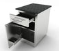 Sunstone 18-inch outdoor cabinet with a granite countertop installed, showing the top drawer and left-swing door fully open to reveal interior storage space.
