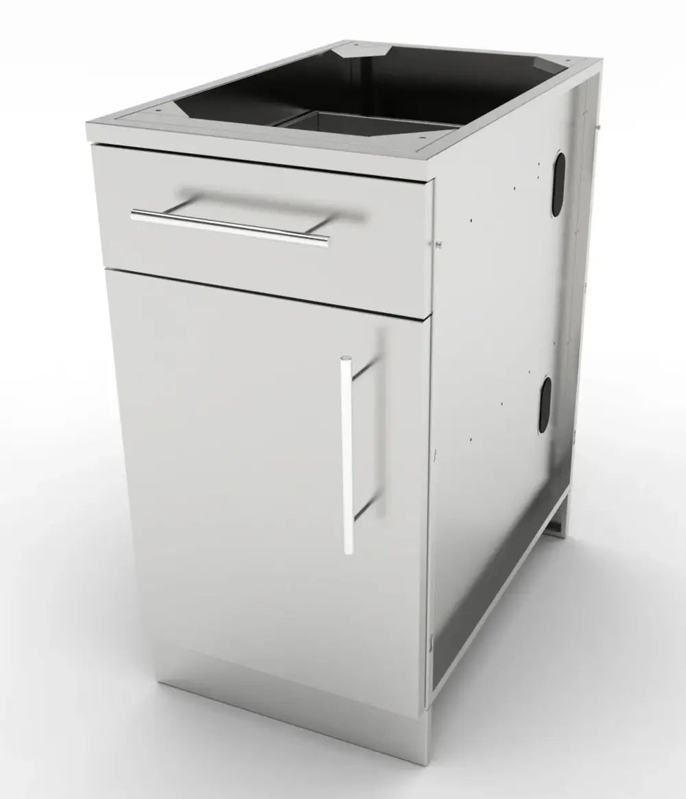 Right-side perspective of the Sunstone 18" stainless steel cabinet without a countertop, displaying the side utility holes and sleek flush-mount design.