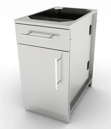 Right-side perspective of the Sunstone 18" stainless steel cabinet without a countertop, displaying the side utility holes and sleek flush-mount design.