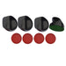 Air hockey accessories set including four black ergonomic strikers with green felt bottoms and four red plastic pucks.