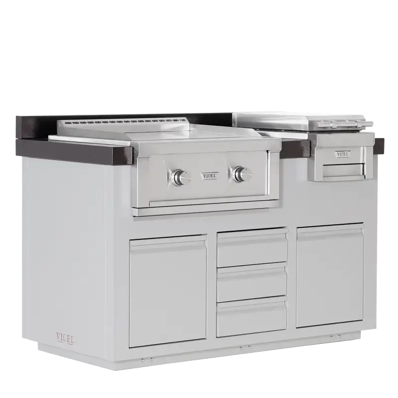 Videl Grills Alta 60I B BBQ Island with Griddle, Food Warmer, Storage and Powder-Coated Finish Side View