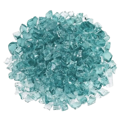 Close-up of Azuria 1/2 inch reflective fire glass by Travertine TessaRai featuring light teal tempered glass crystals for outdoor fire pits.