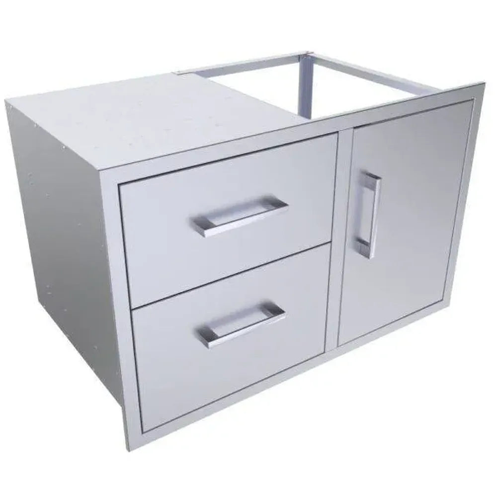 Angled view of Sunstone BA-DDC36 36-inch 304 stainless steel drawer and door combo for outdoor kitchen islands.