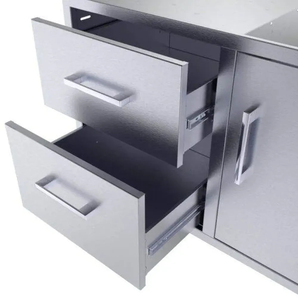 Close-up of Sunstone BA-DDC36 stainless outdoor kitchen cabinet with two pull-out drawers on smooth sliding tracks.