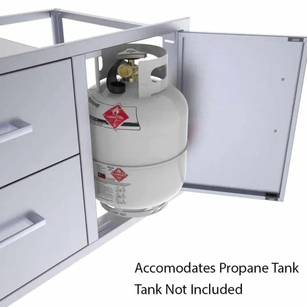 Sunstone BA-DDC36 drawer and door combo showing storage space for propane tank behind right access door (tank not included).