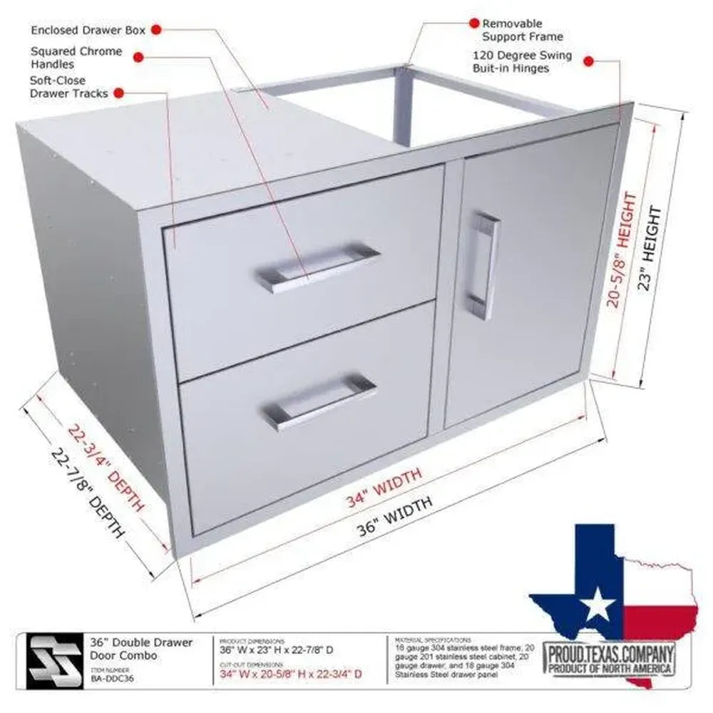 Sunstone BA-DDC36 36-inch drawer and door combo diagram showing dimensions, soft-close tracks, handles, and hinged door swing.