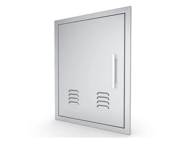 Angled view of Sunstone BA-VDVR1420 304 stainless right vertical vented door, flush-mount frame and sleek handle.