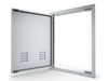 Sunstone BA-VDVR1420 right vented door open with separate stainless mounting frame, showing flush trim for outdoor kitchen access.