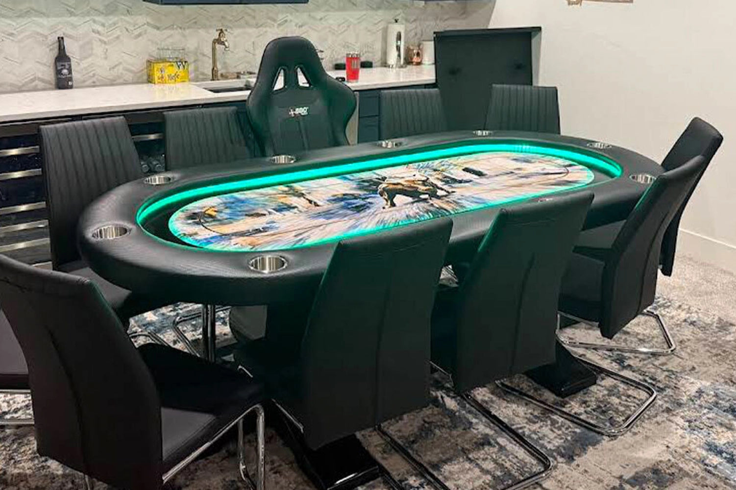 BBO Elite Alpha Poker Table Custom Graphics and Chairs