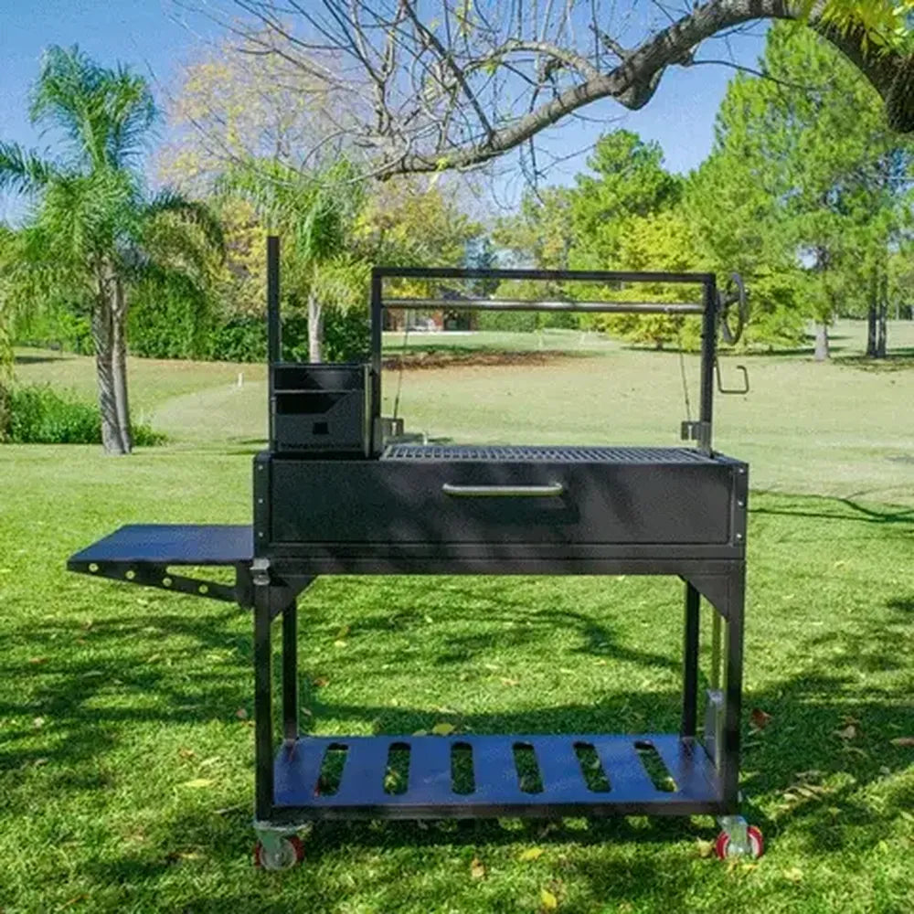 Tagwood BBQ03SI Santa Maria charcoal grill with side table and wheeled cart outdoors