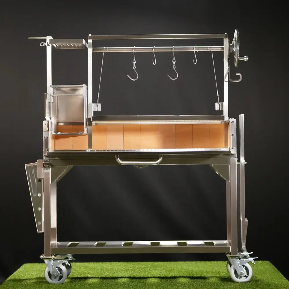 Tagwood BBQ03SS Santa Maria grill 304 stainless steel front view with hanging hooks and crank lift
