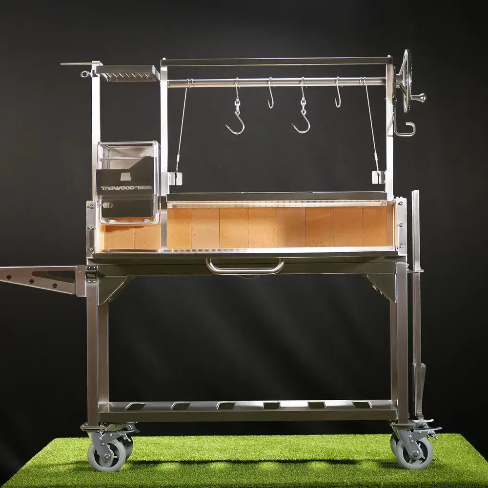 Tagwood BBQ03SS Santa Maria grill front view with side brazier and adjustable height system