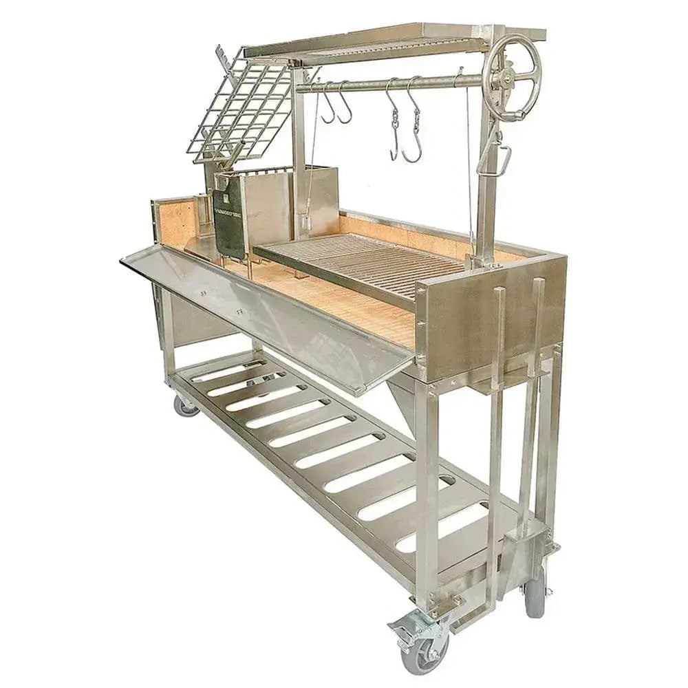 Tagwood BBQ06SS Santa Maria grill angled product view with adjustable crank and hanging hooks