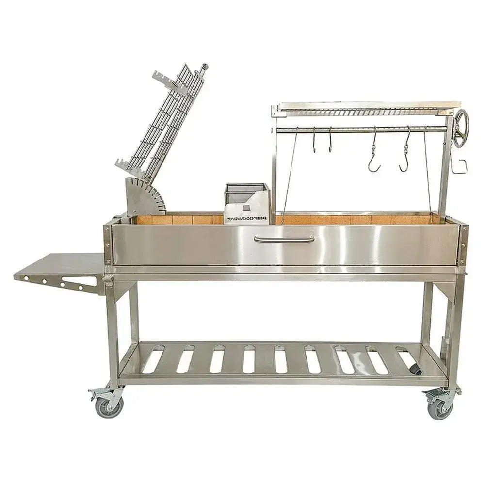 Tagwood BBQ06SS Santa Maria grill front product view with rotisserie cage and hook rack