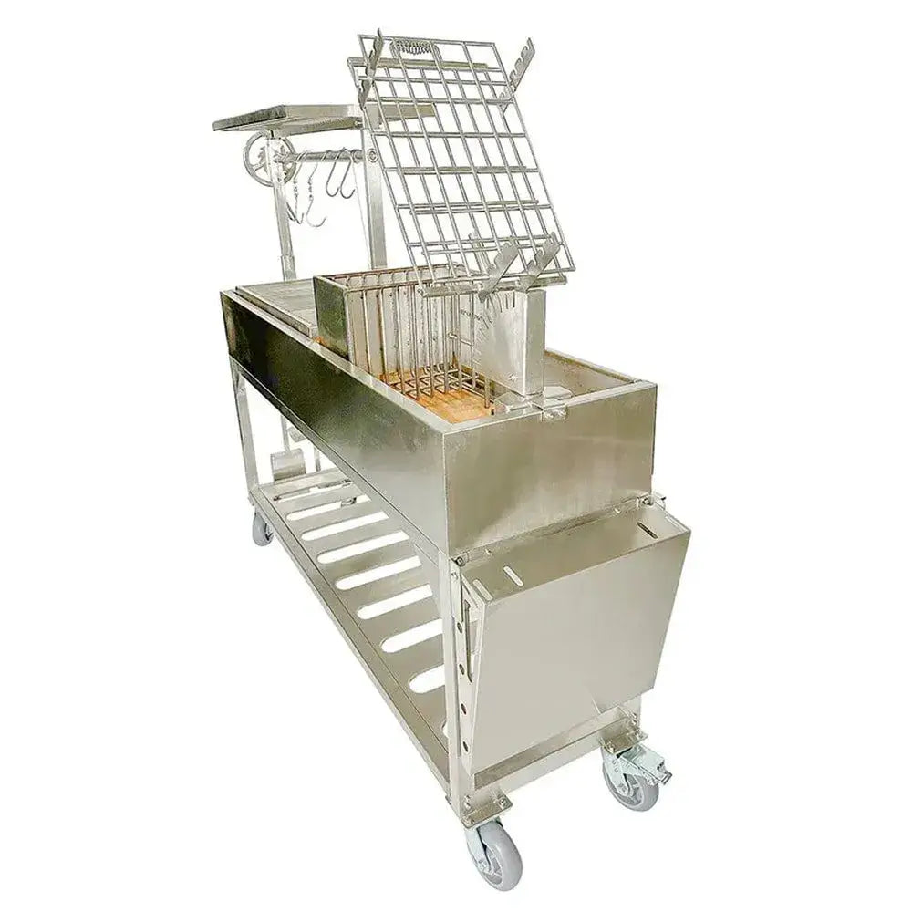 Tagwood BBQ06SS Santa Maria grill rear angle showing charcoal brazier and rotisserie cage