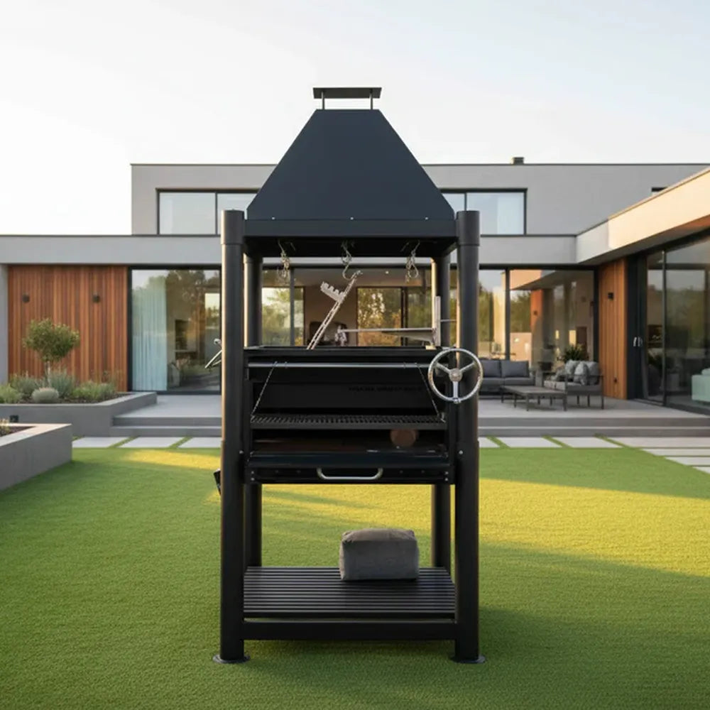 Tagwood BBQ BBQ12SI Santa Maria Argentine grill with crank lift system in modern backyard
