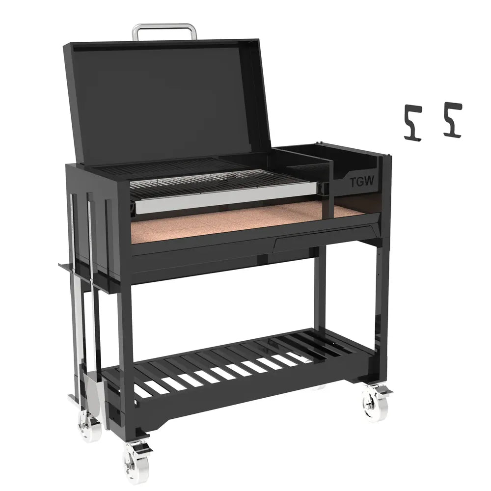 Tagwood BBQ18SI Argentine grill on cart with lid open and adjustable grate system