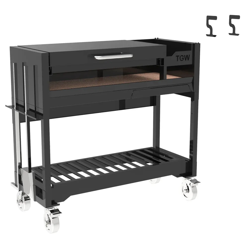 Tagwood BBQ18SI Argentine charcoal grill with lid closed on mobile cart