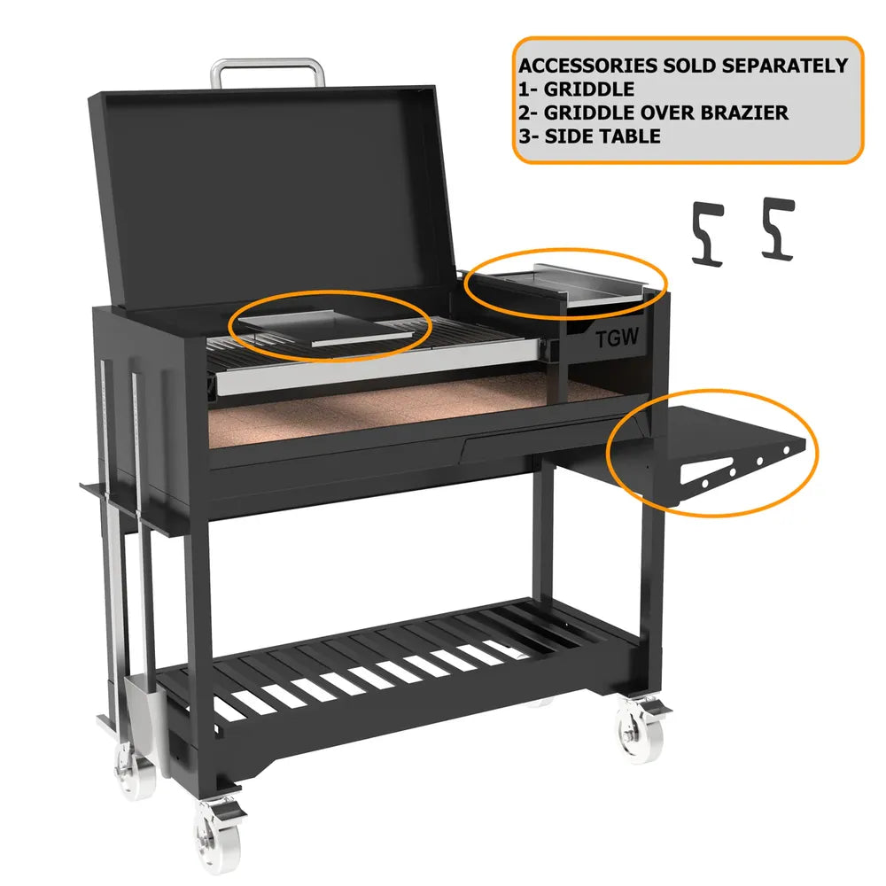 Tagwood BBQ18SI Argentine grill with accessories including griddle and side shelf