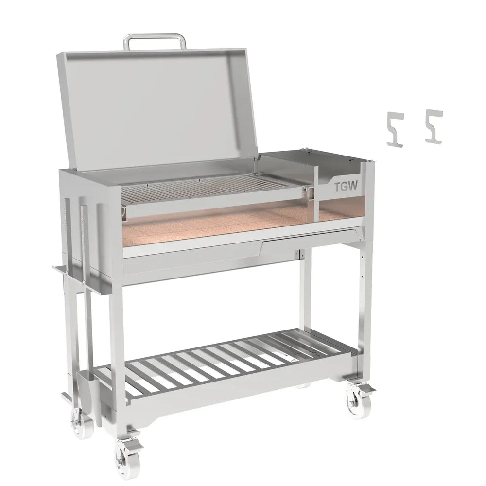 Tagwood BBQ18SS stainless steel Gaucho grill with lid open and cooking grate visible