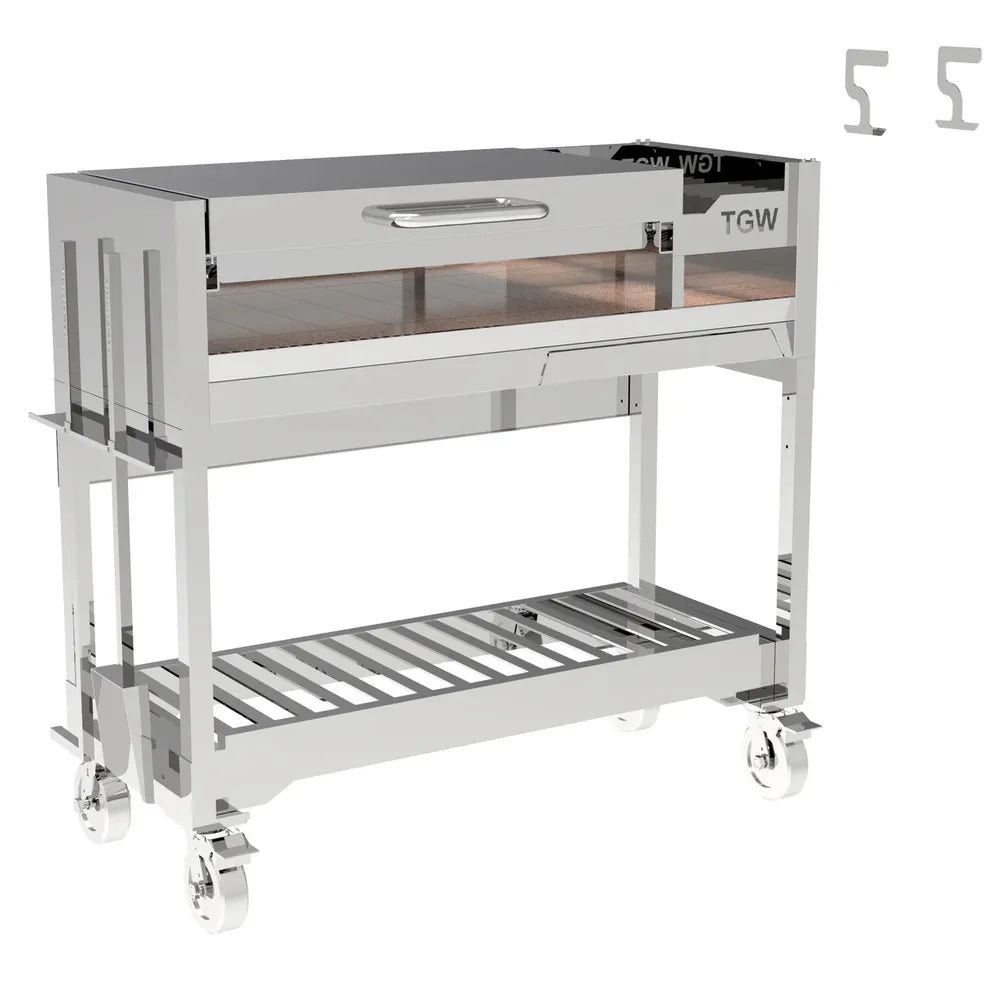 Tagwood BBQ18SS Gaucho grill with lid closed on stainless steel mobile cart
