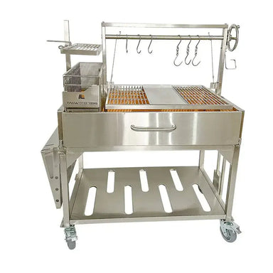 Tagwood BBQ23SS XL Santa Maria grill front view with split cooking grates and charcoal brazier