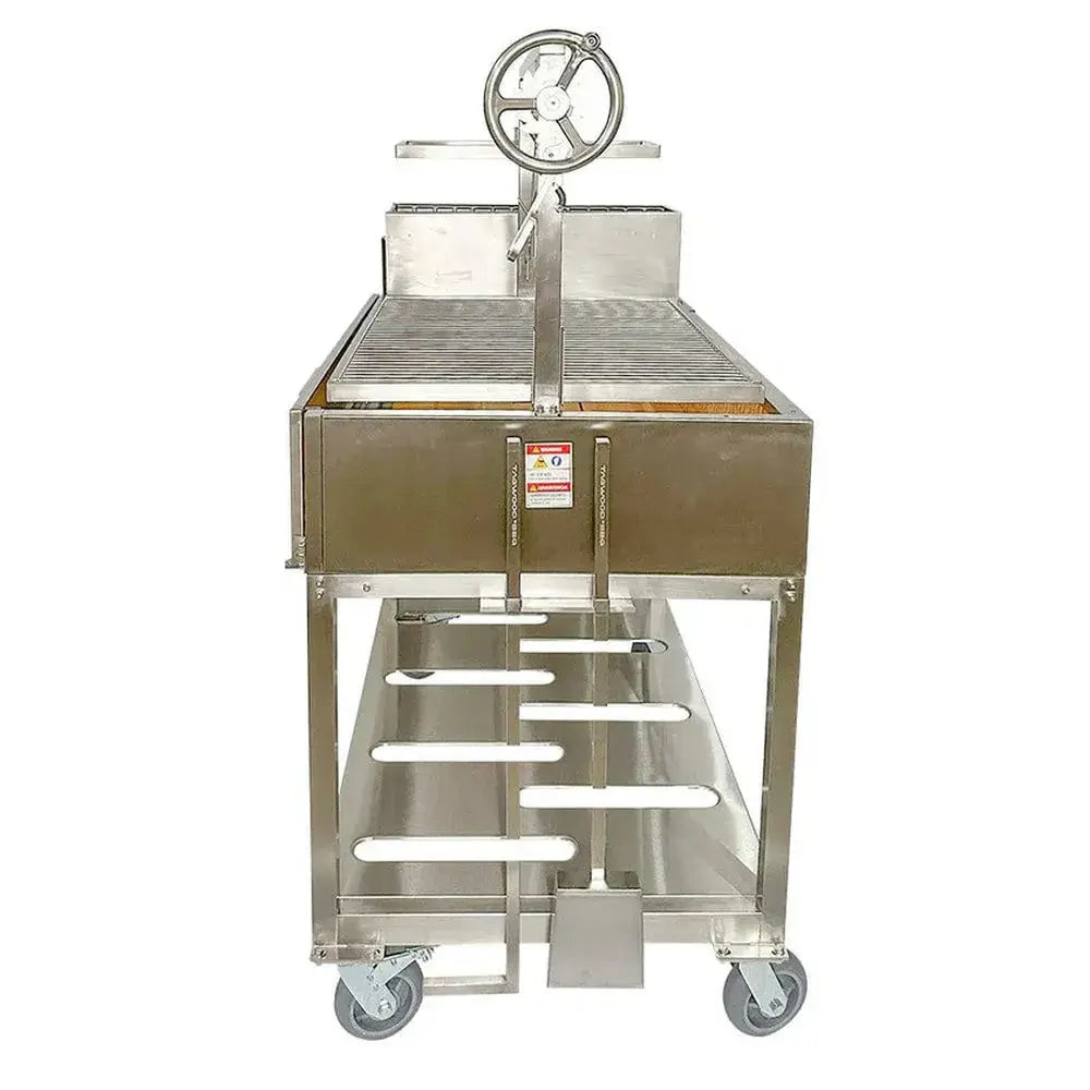 Tagwood BBQ23SS XL Santa Maria grill rear view showing crank wheel height adjustment system