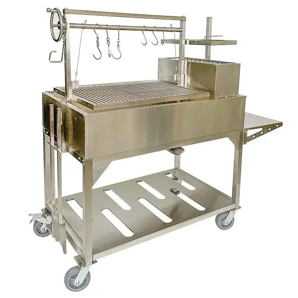 Tagwood BBQ23SS XL Santa Maria grill angled side view with prep shelf and storage rack