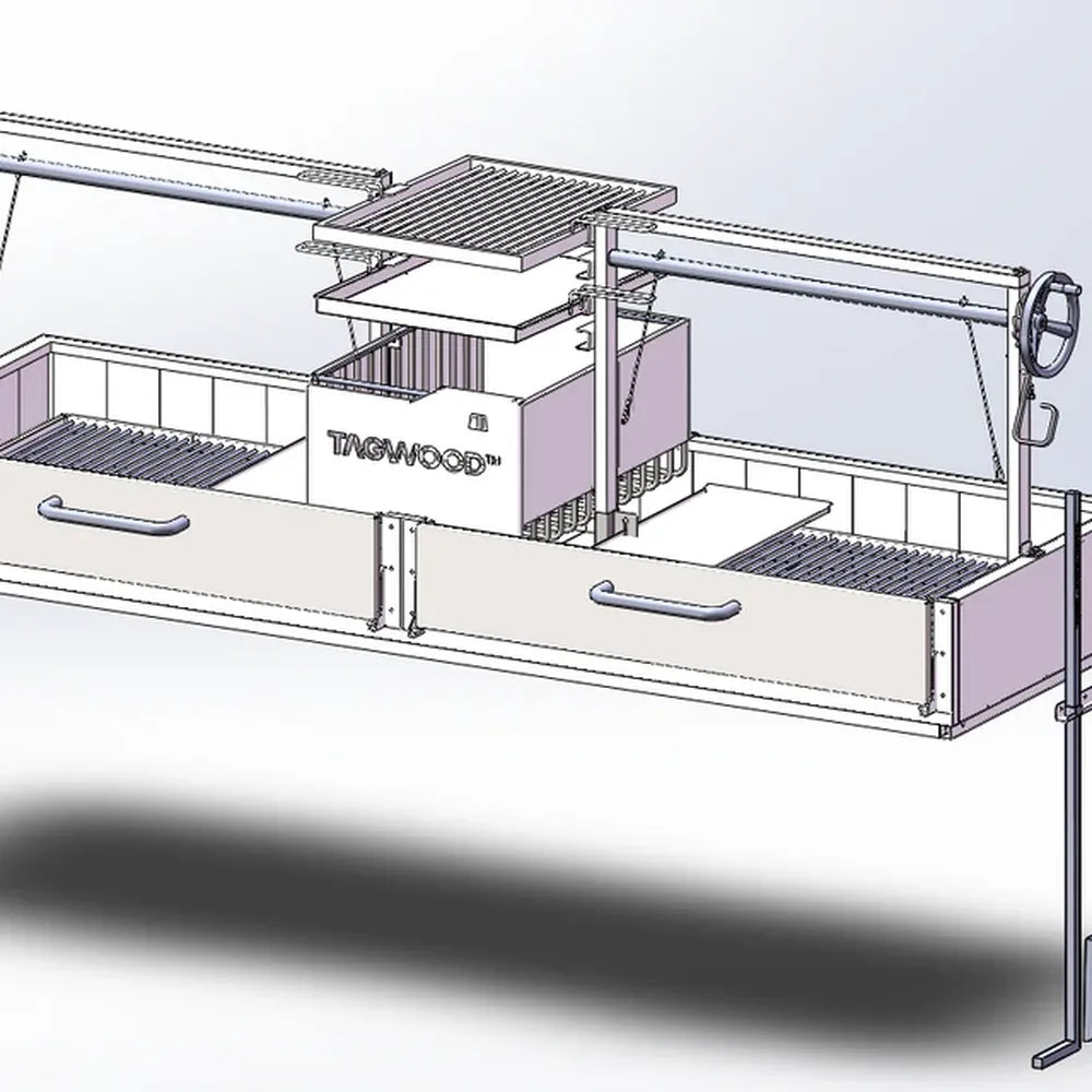 Tagwood BBQ24SS Double Santa Maria grill studio front view with dual hook racks and crank wheels