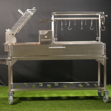 Tagwood BBQ26SS XL Santa Maria grill 2600 sq in stainless steel front view with hanging hooks and crank lift