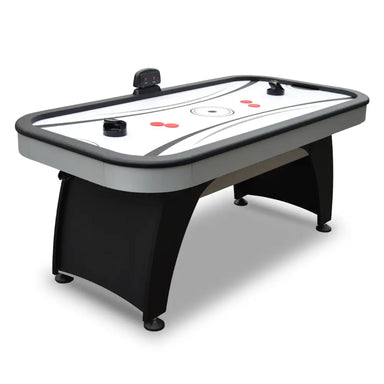 Full view of Hathaway Silverstreak air hockey table with curved black base, gray trim, LED scorer, and two black push strikers on the playfield.