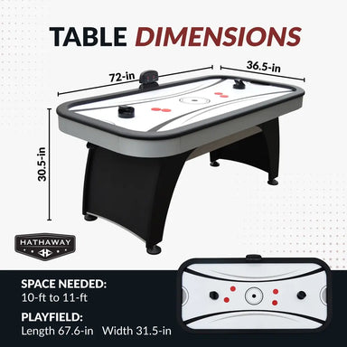 Table dimensions for Silverstreak air hockey table: 72 inches long, 36.5 inches wide, 30.5 inches tall; playfield measures 67.6 by 31.5 inches; space needed 10 to 11 feet.