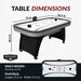 Table dimensions for Silverstreak air hockey table: 72 inches long, 36.5 inches wide, 30.5 inches tall; playfield measures 67.6 by 31.5 inches; space needed 10 to 11 feet.