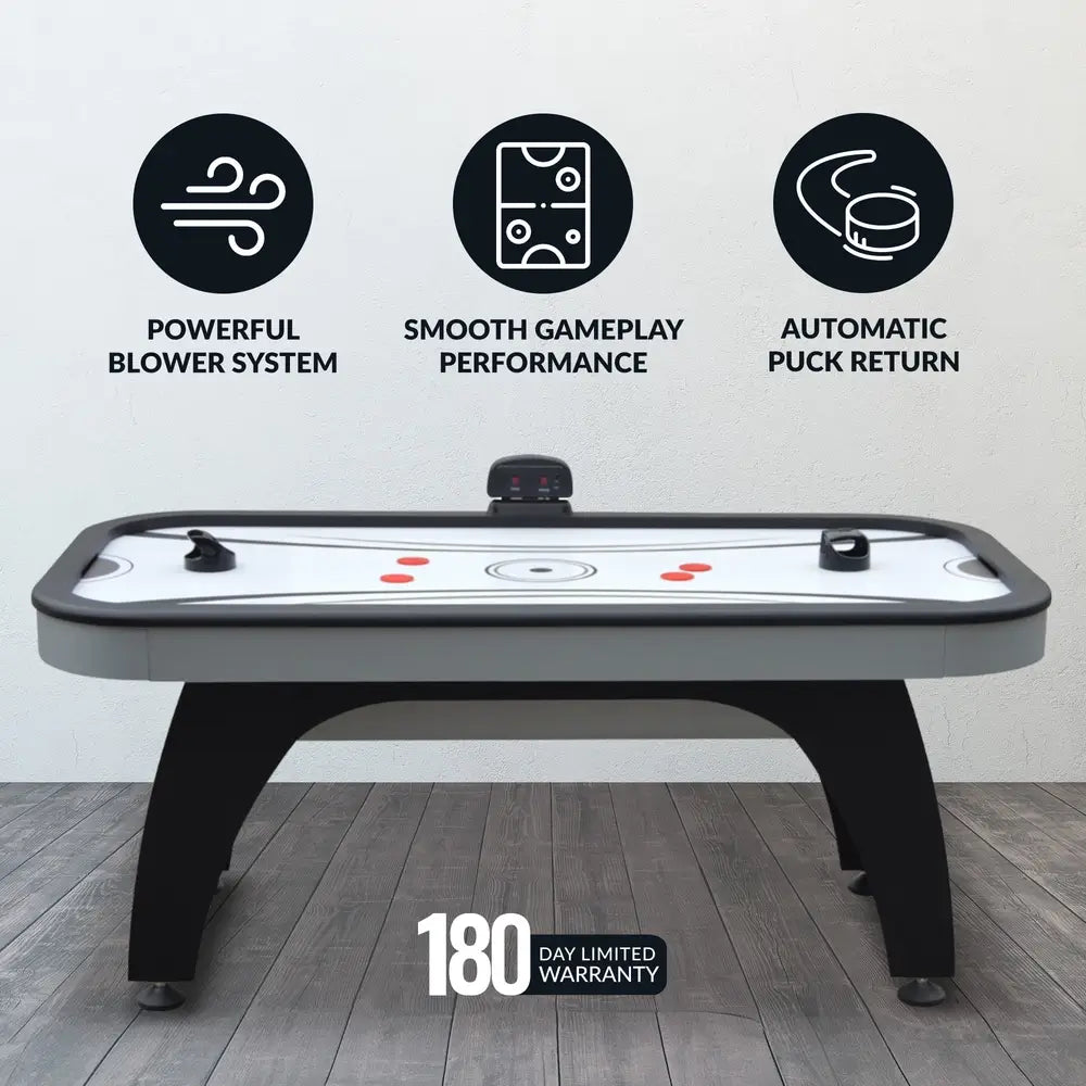 Silverstreak air hockey table with icons showing powerful blower system, smooth gameplay performance, automatic puck return, and 180-day warranty.
