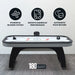 Silverstreak air hockey table with icons showing powerful blower system, smooth gameplay performance, automatic puck return, and 180-day warranty.