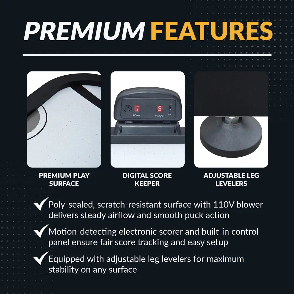 Premium features of the Silverstreak air hockey table highlighted with close-ups of poly-sealed surface, digital scorekeeper, and adjustable leg levelers