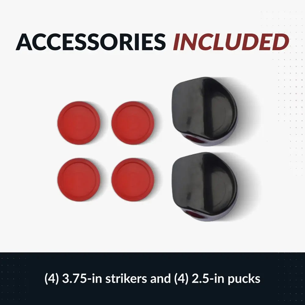Included accessories for Silverstreak air hockey table: four red 2.5-inch pucks and four 3.75-inch ergonomic black strikers.