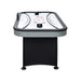 End view of Silverstreak air hockey table featuring centered scoreboard, black cabinet base, and symmetrical playfield with red face-off circles.
