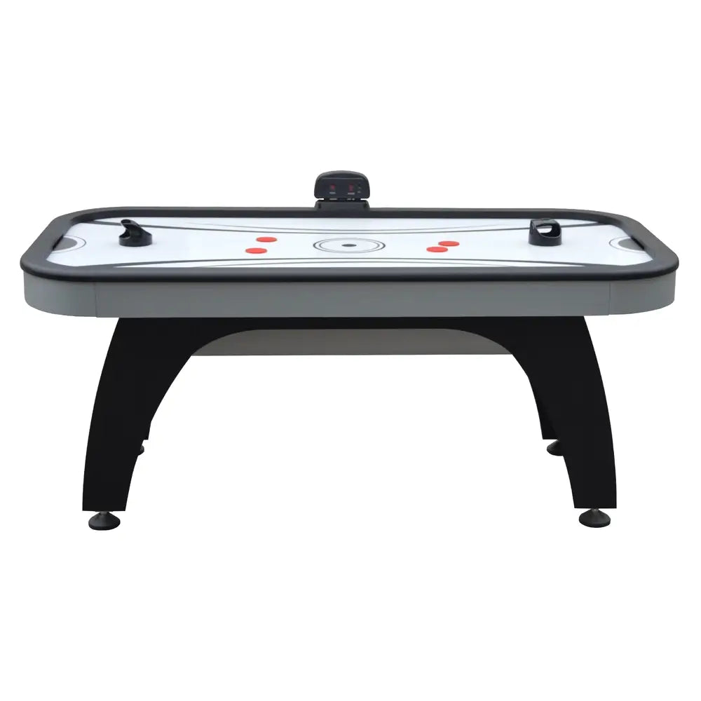 Front view of Hathaway Silverstreak air hockey table with two black push strikers on the poly-sealed playfield and built-in digital scorer.