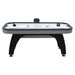 Front view of Hathaway Silverstreak air hockey table with two black push strikers on the poly-sealed playfield and built-in digital scorer.