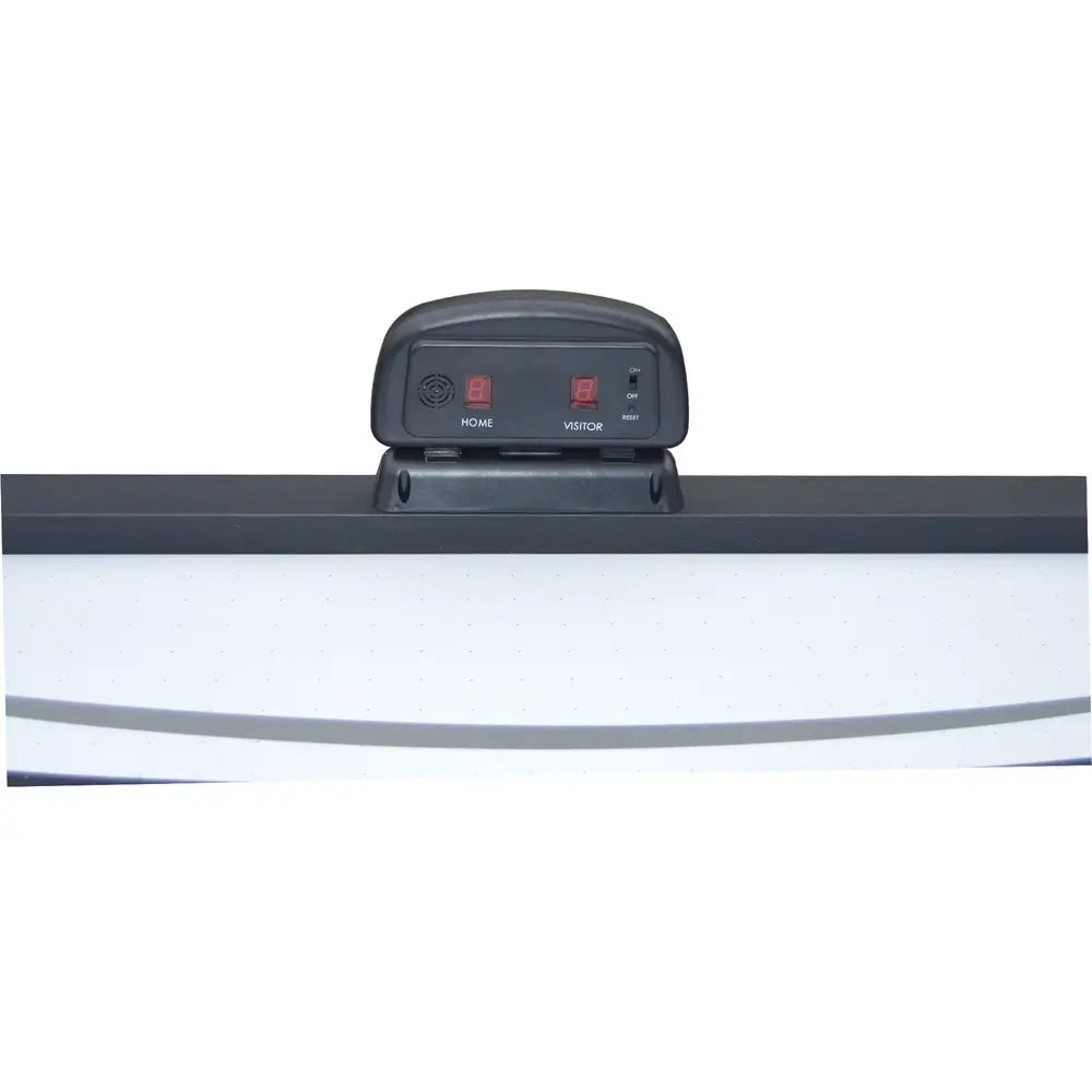 Digital LED scorekeeper mounted on air hockey table rail with red home and visitor displays, sound speaker, and on/off/reset control buttons.