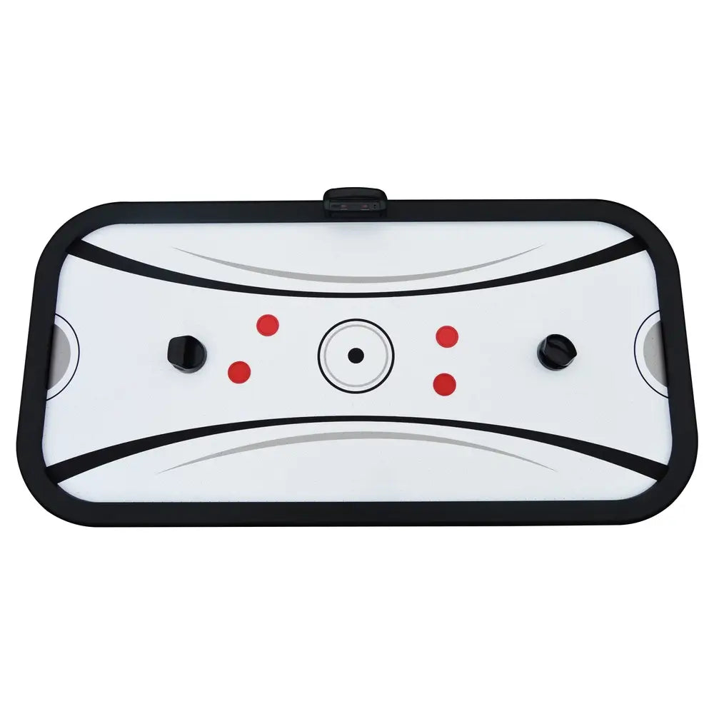 Top-down view of Silverstreak air hockey table showing black strikers, red pucks, centered face-off circle, and symmetrical playfield design.
